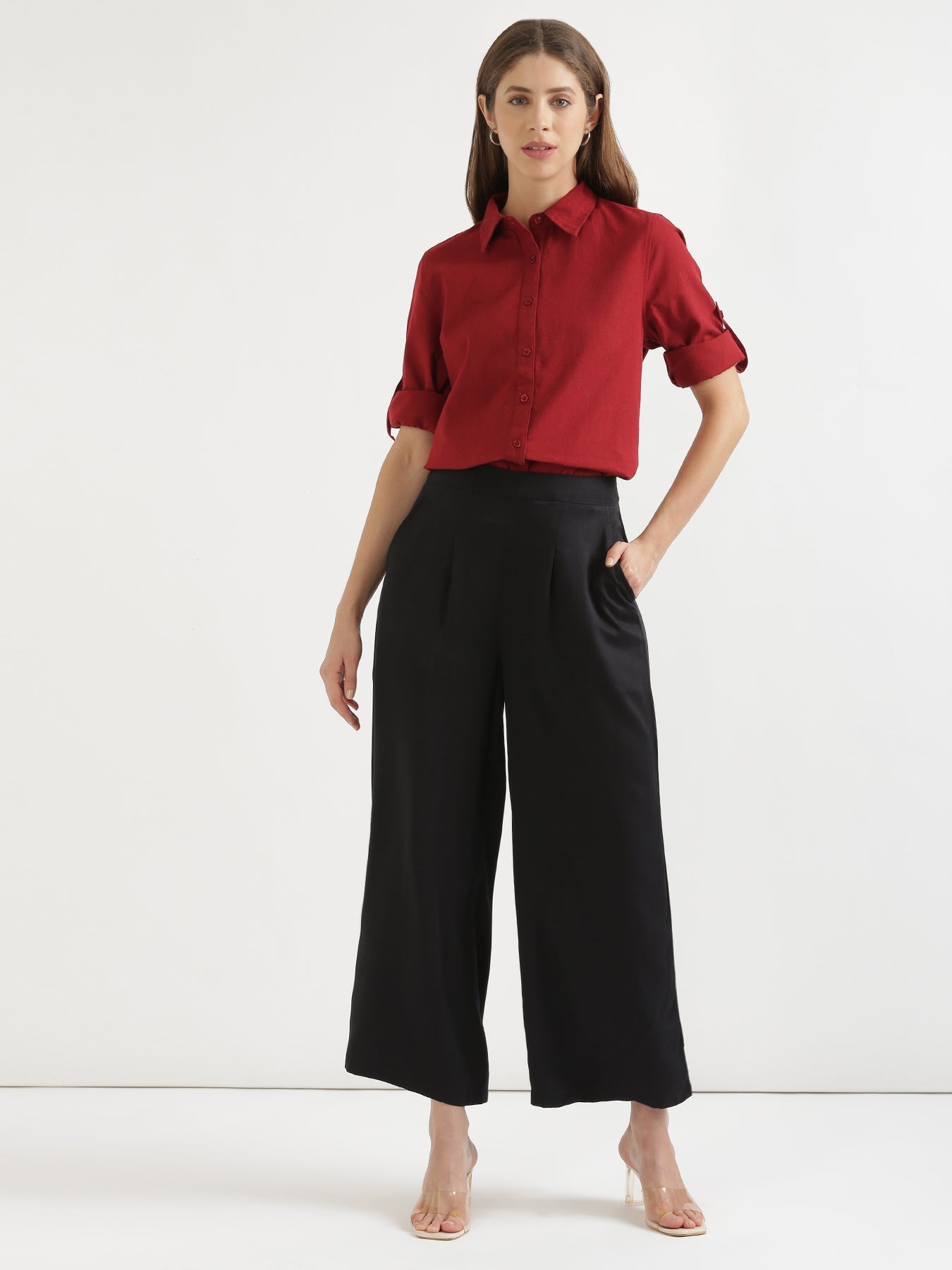 Maroon Airy Linen Shirt with Black Palazzo Pant