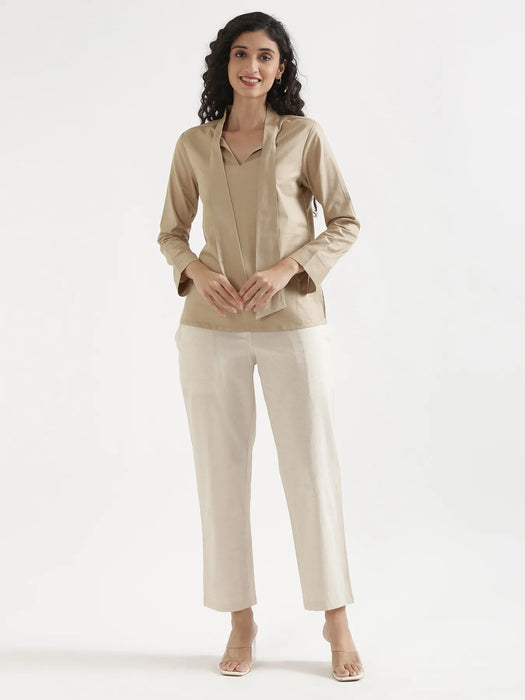 Women Taupe Linen Blend Knot Blouse & Ecru Airy Linen Straight Pants Pant Set