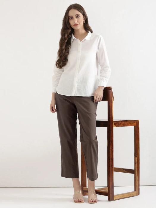 Women Dark Brown Airy Linen Straight Pants
