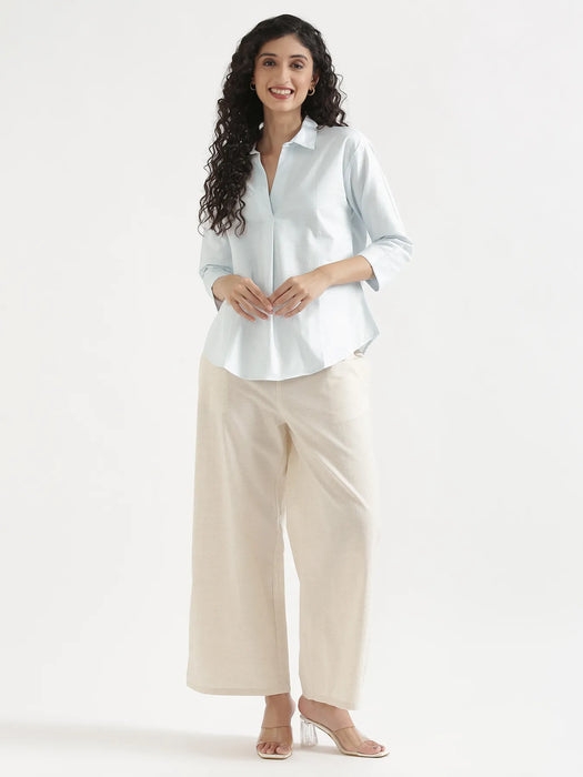 Women Powder Blue Linen Blend Pleated Top & Ecru Airy Linen Wide Leg Pants Pant Set