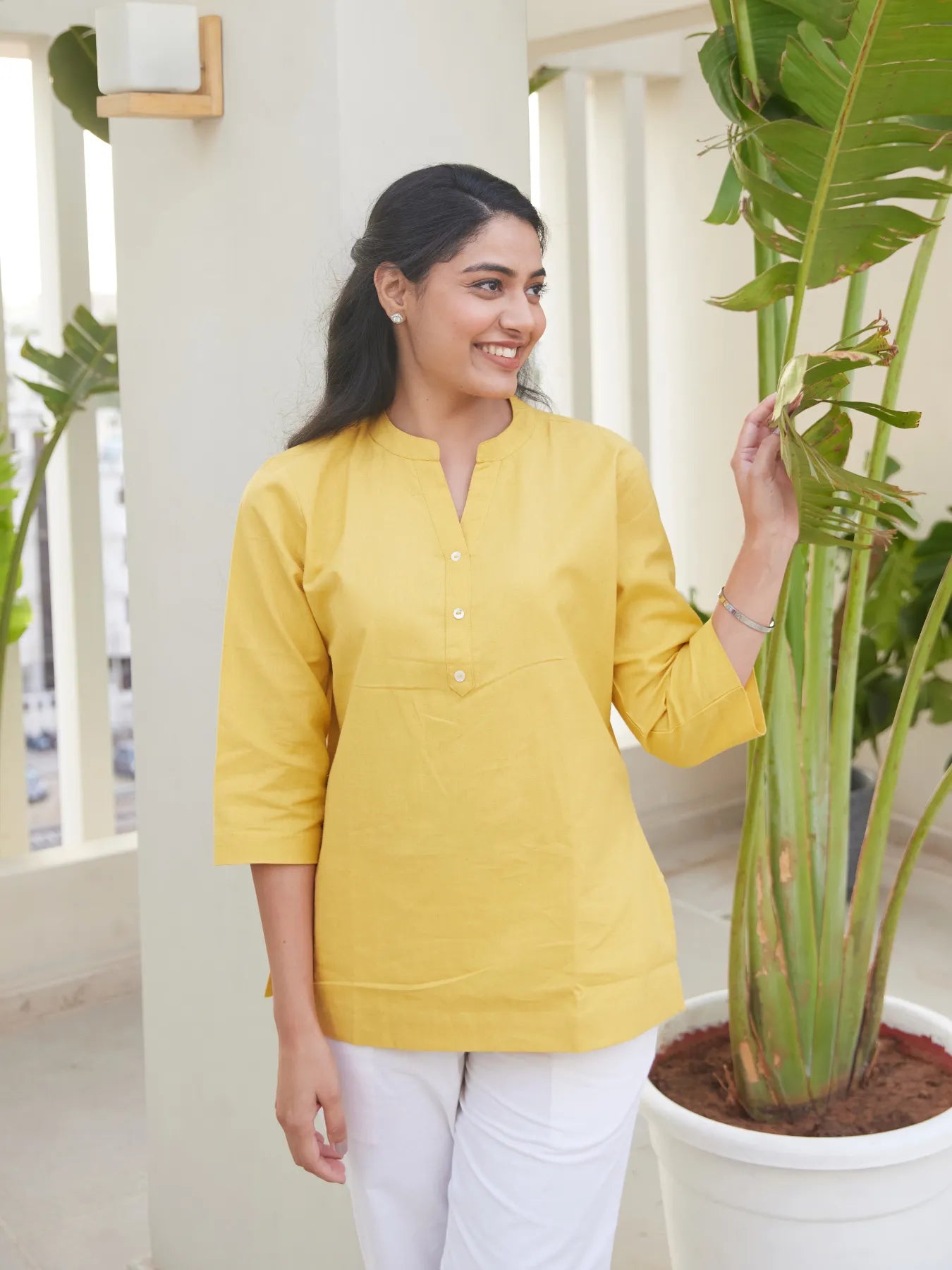 Yellow Short Kurta with White Cotton Pant