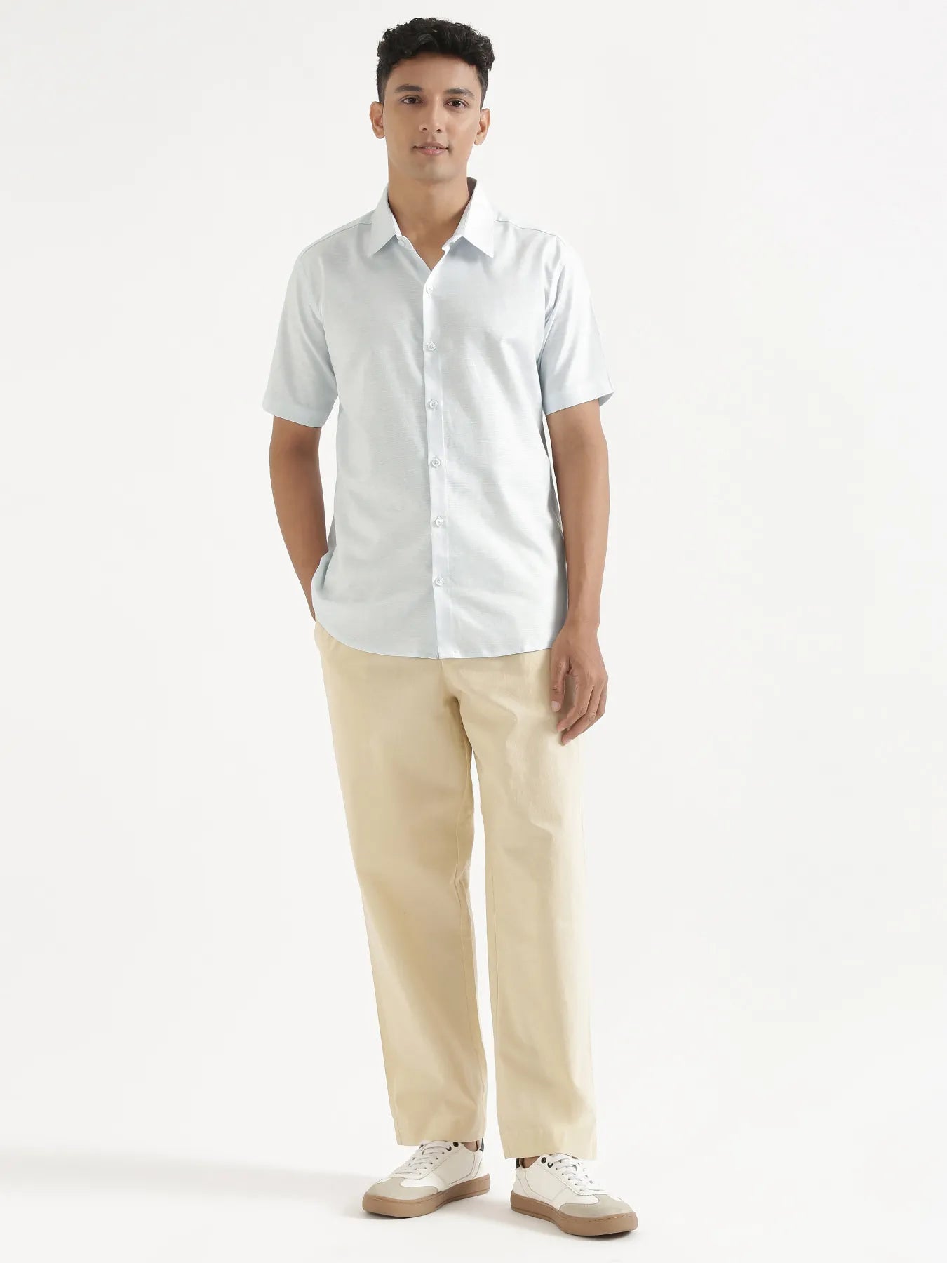 Men Powder Blue Linen Blend Short Sleeve Shirt & Beige Cotton Pant Set