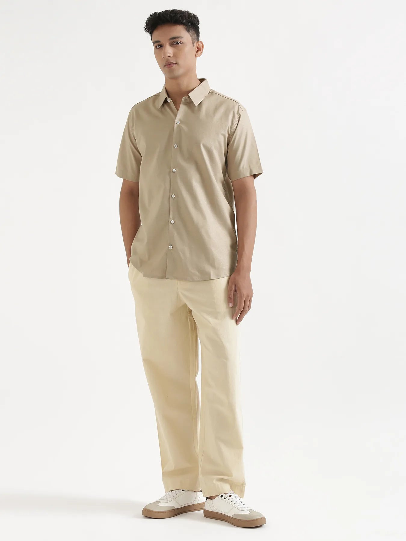 Men Taupe Linen Blend Short Sleeve Shirt