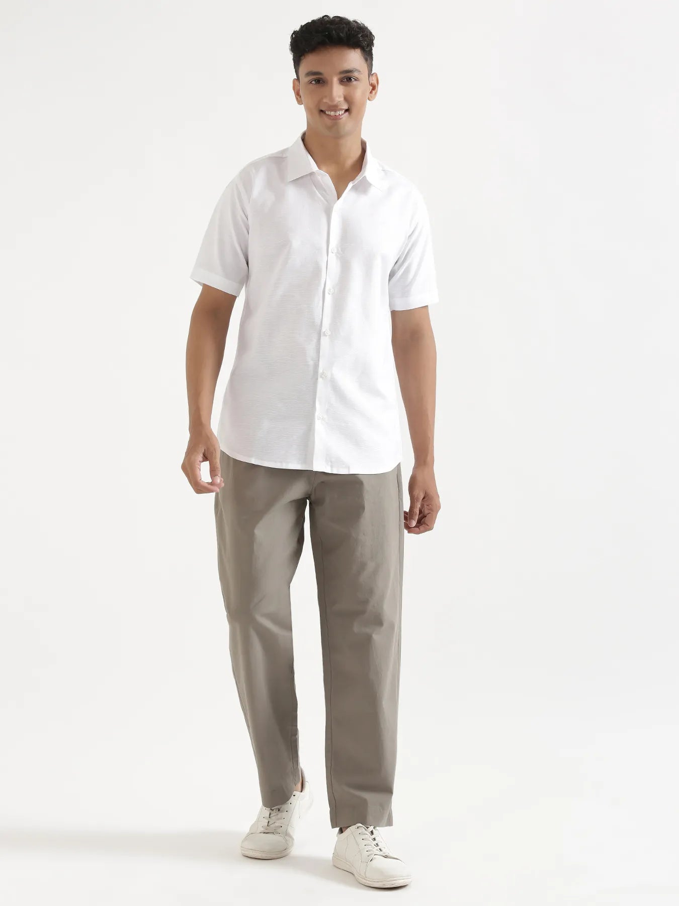 Men White Linen Blend Short Sleeve Shirt