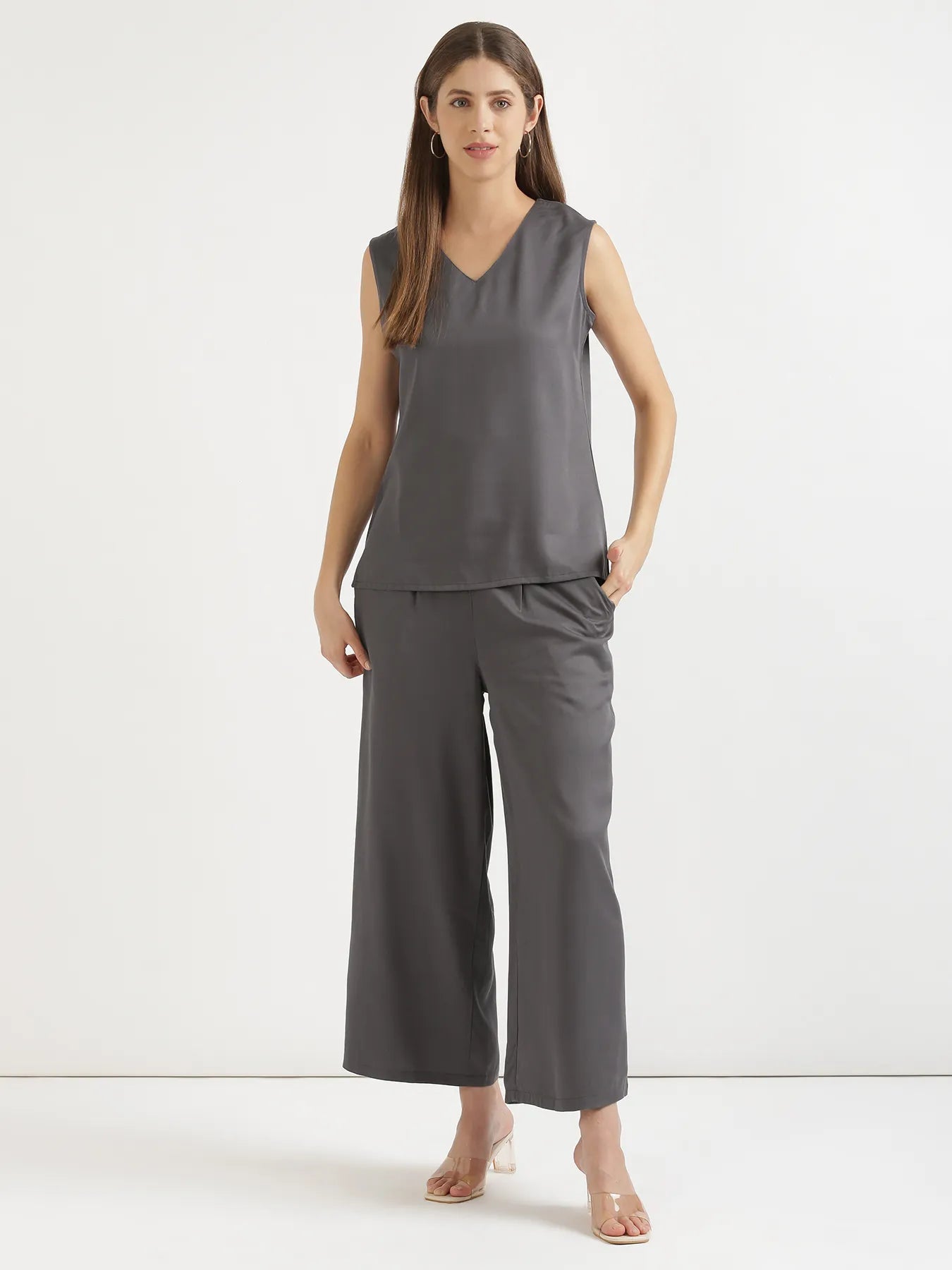 Women Grey V-Neck Sleeveless Top