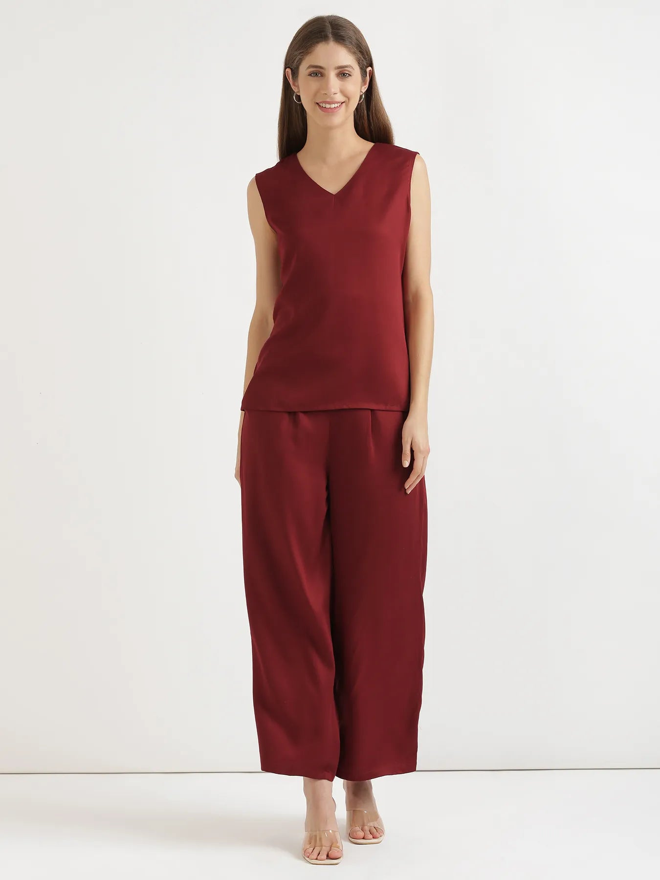 Women Maroon V-Neck Sleeveless Top