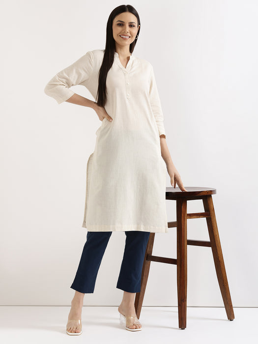Ecru Long Kurta with Maroon Airy Linen Wide Leg Pant