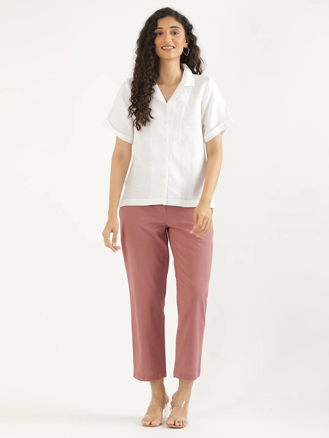 Women White Pure Linen Notch Collar Shirt