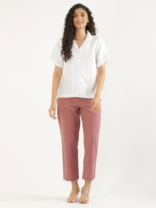 Women White Pure Linen Notch Collar Shirt