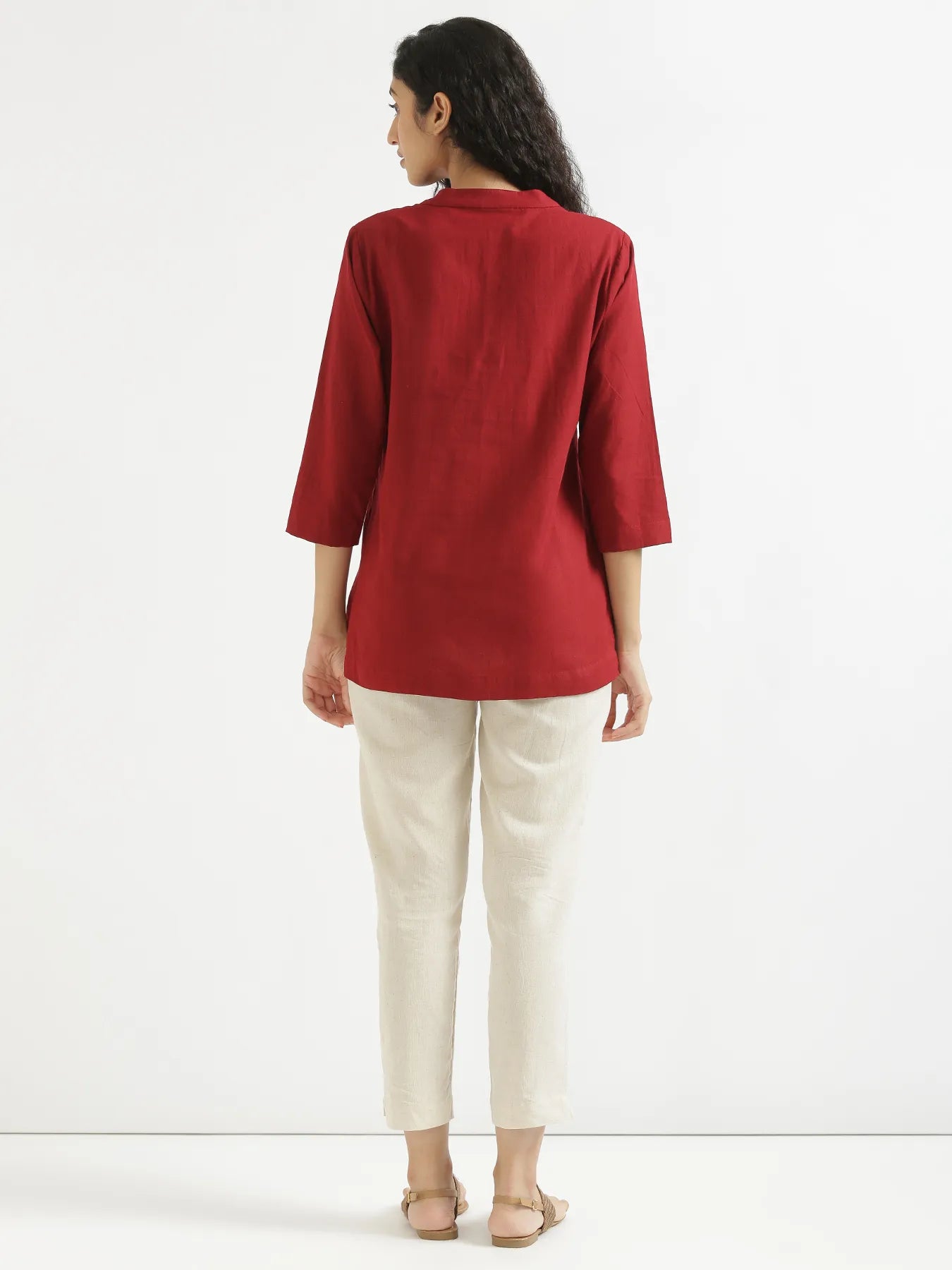 Women Maroon Airy Linen Short Kurta