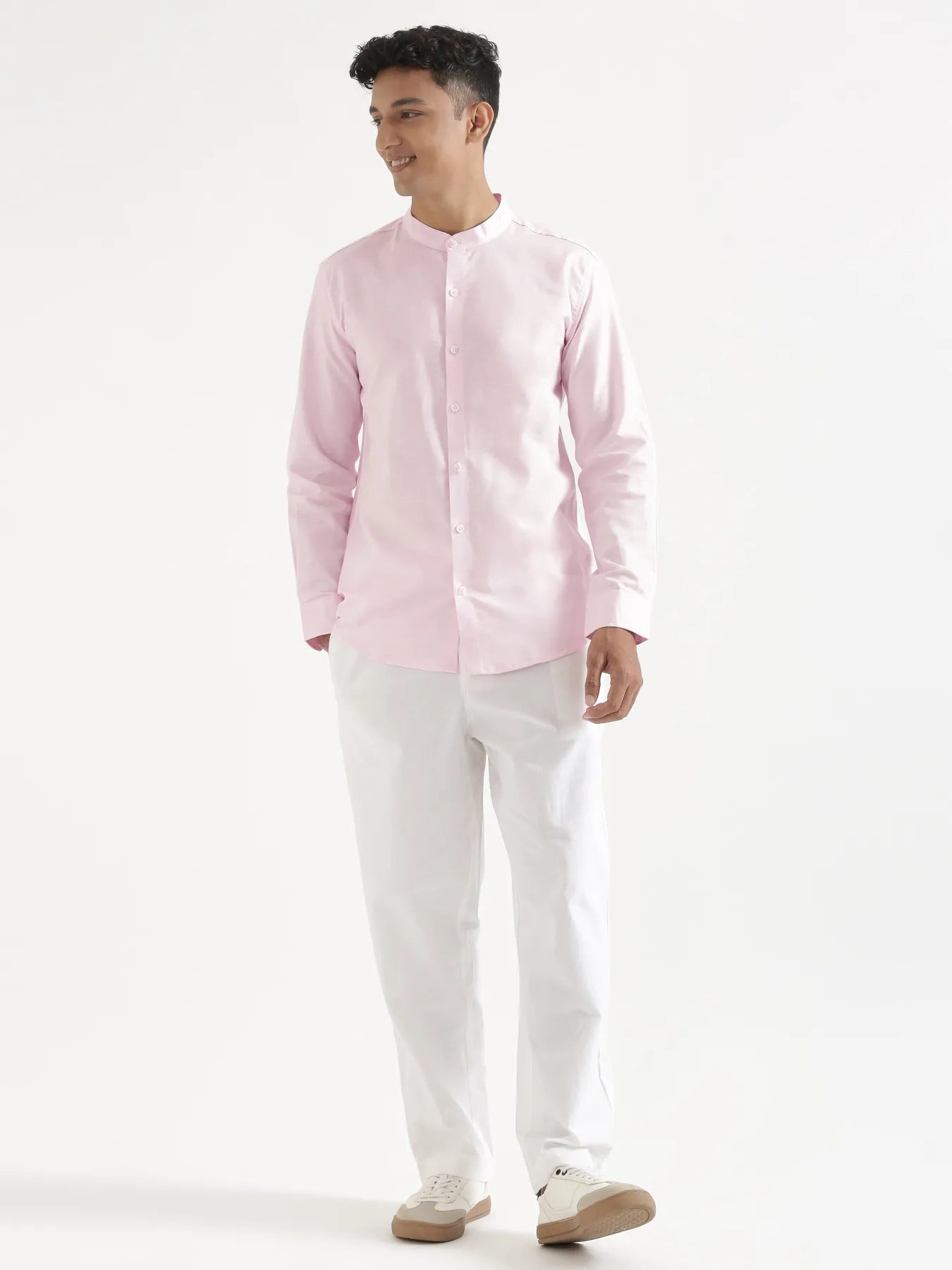Men Blush Pink Linen Blend Mandarin Collar Shirt & White Cotton Pant Set