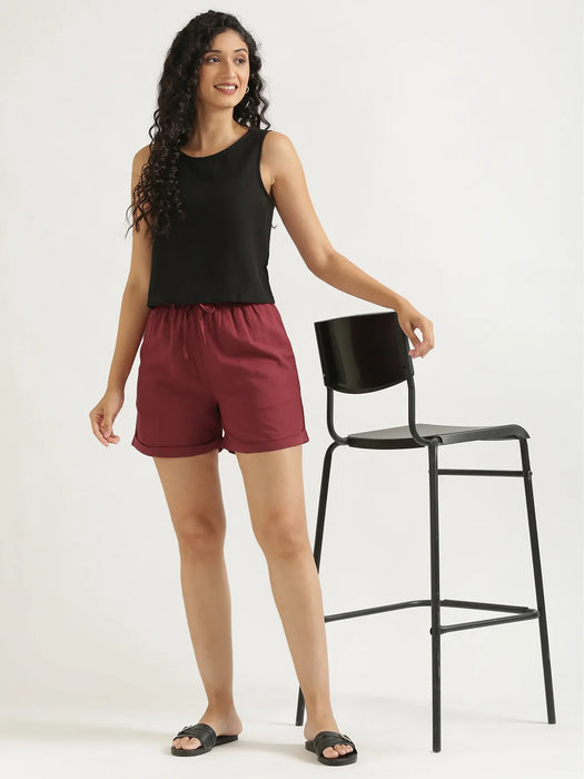 Women Maroon Flowy Linen Shorts