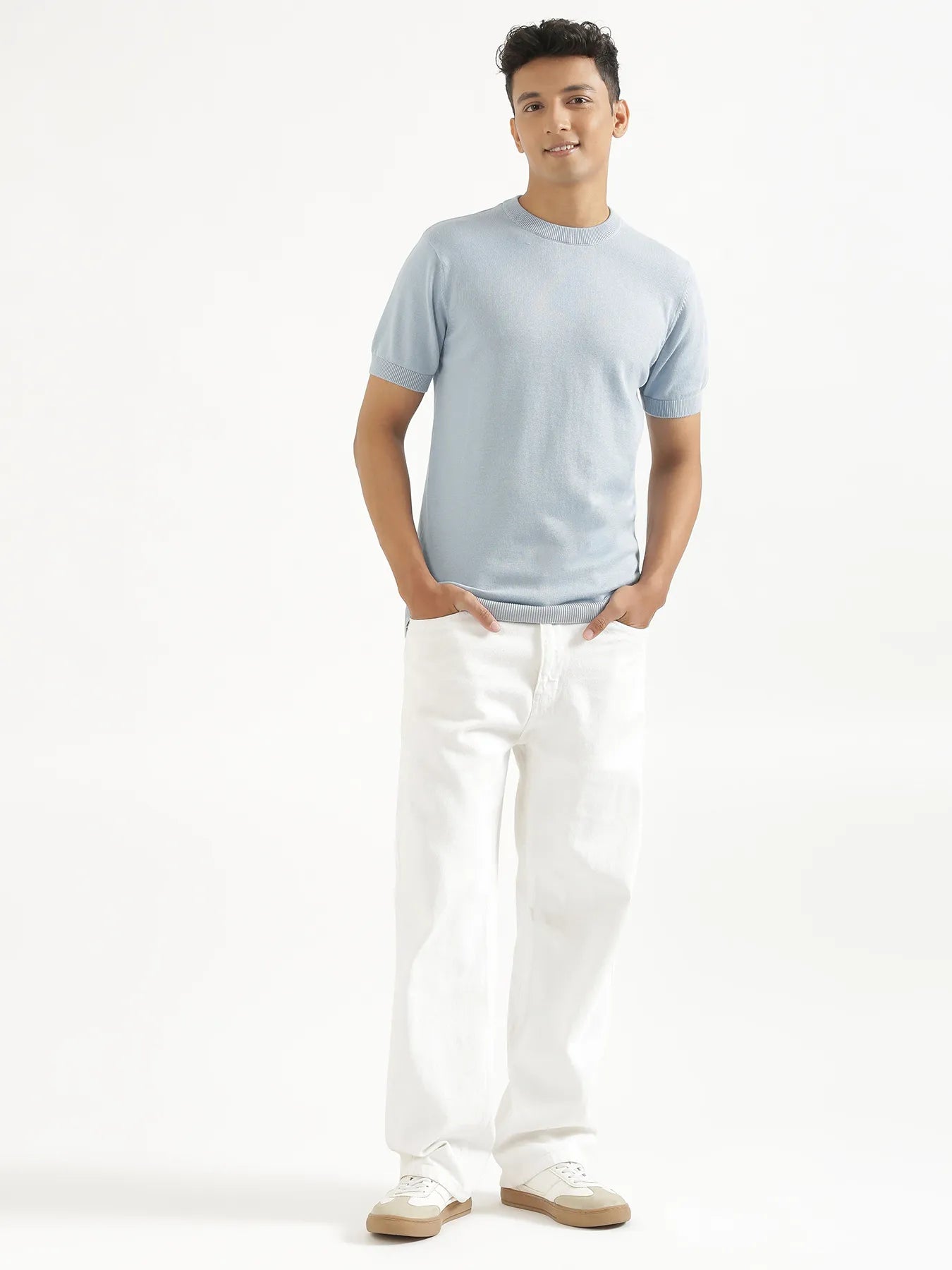 Men Light Blue Flat Knit Round Neck T-shirt