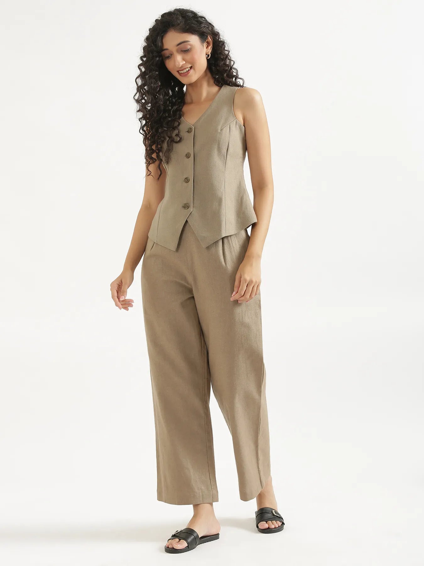 Women Khakhi Linen Blend Waist Coat