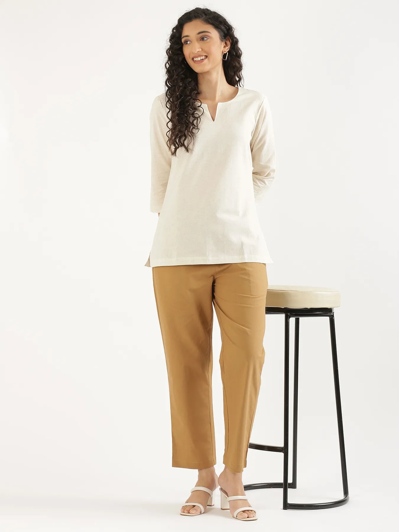Women Coffee Brown Cotton Straight Pant