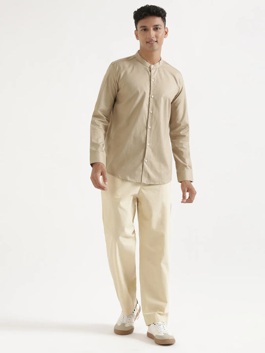 Men Taupe Linen Blend Mandarin Collar Shirt
