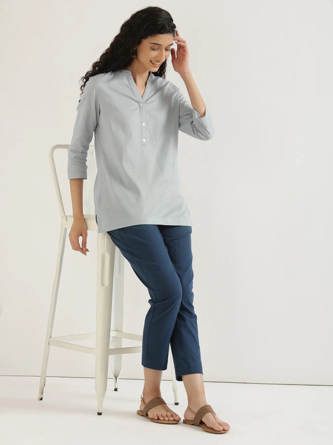 Women Sky Blue Airy Linen Short Kurta