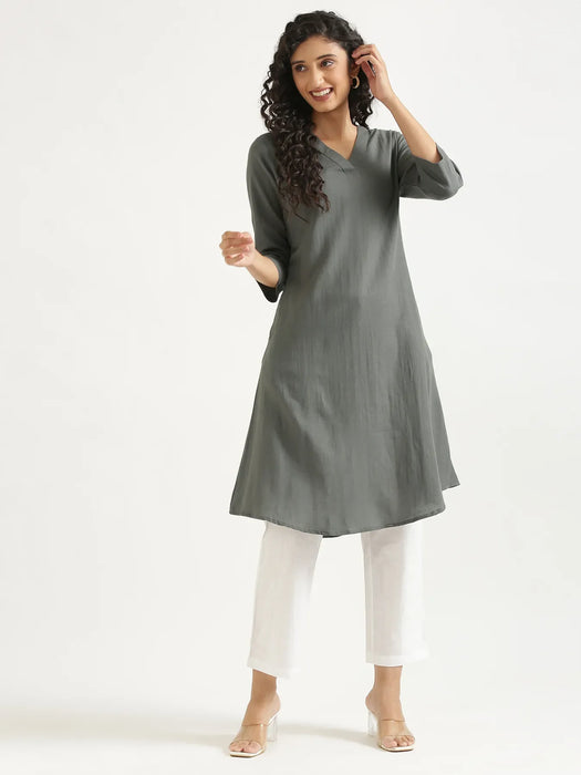 Women German Grey Flowy Linen A-Line Long Kurta