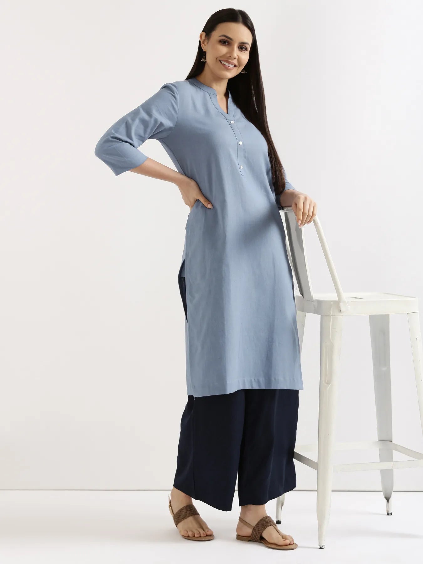 Women English Blue Airy Linen Long Kurta