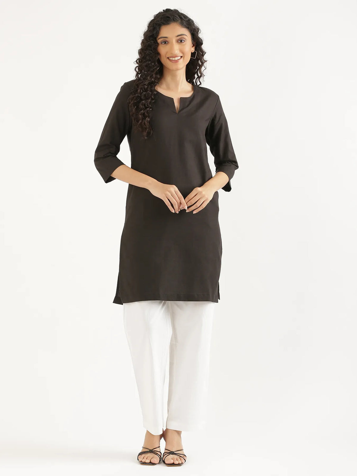 Pick Any 6 Women Airy Linen Mid Thigh Length Kurta - Black
