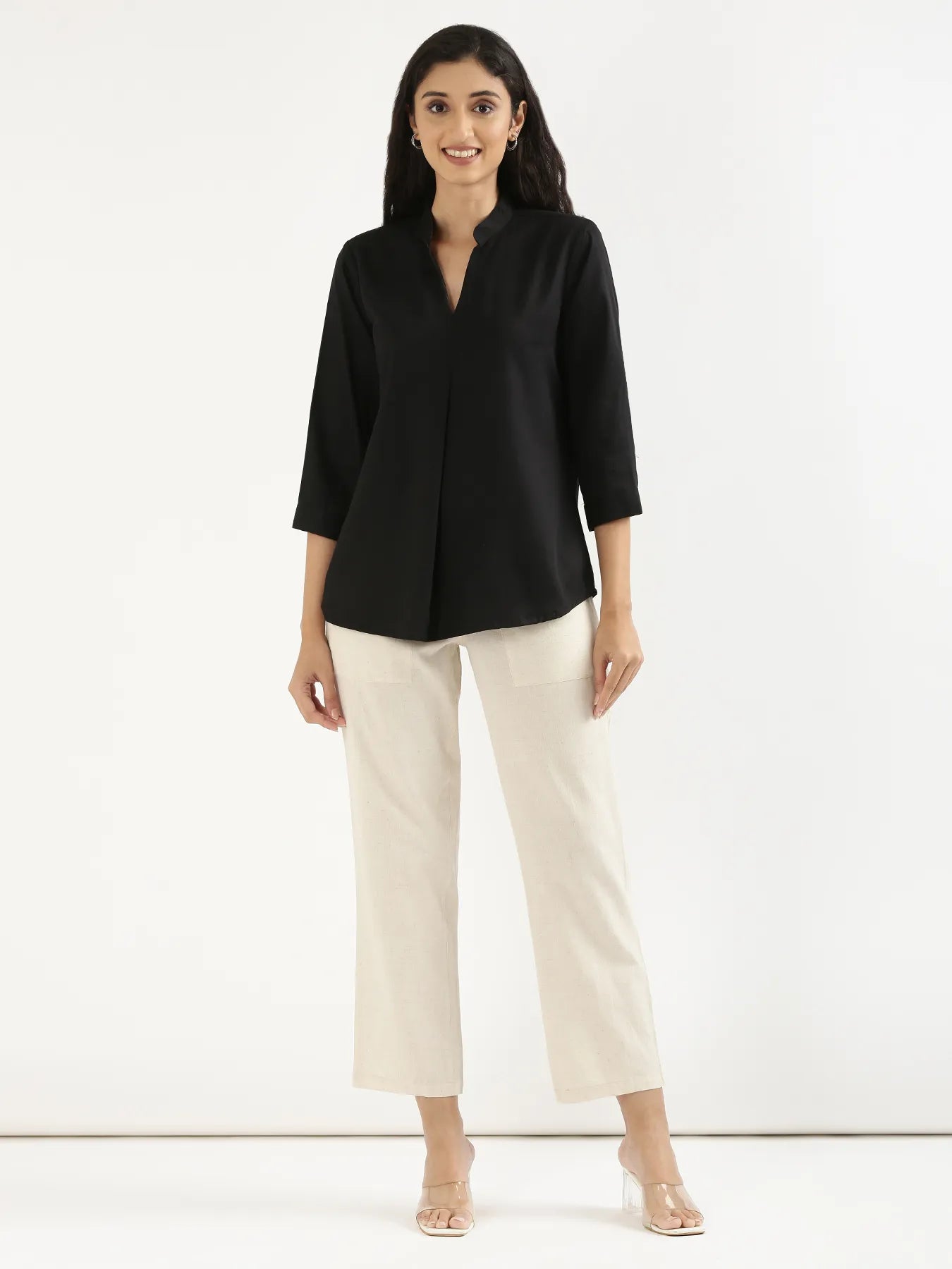 Women Black Viscose Pleated Top