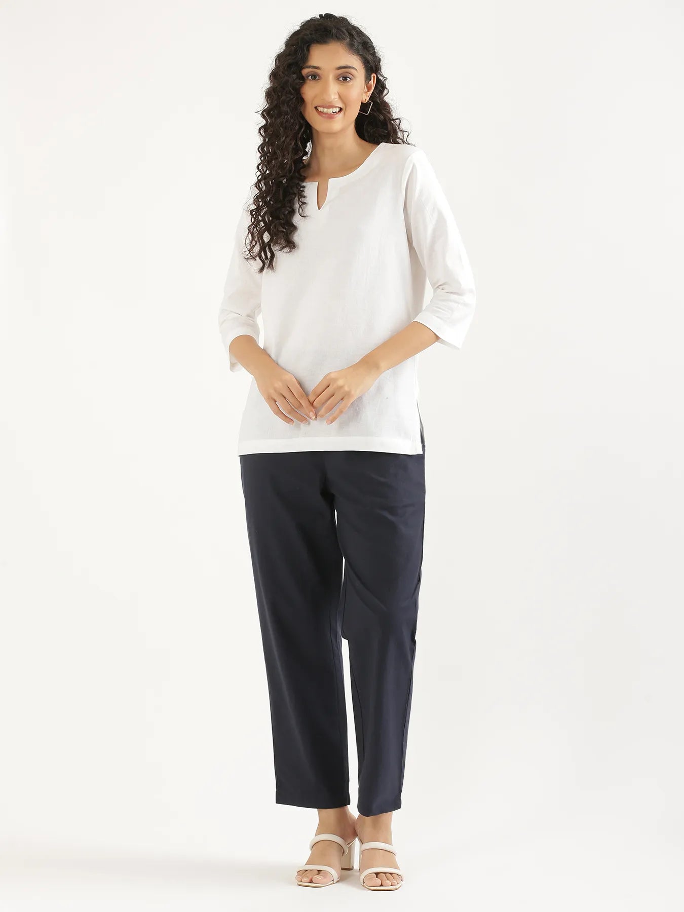 Women White Airy Linen Split Neck Short Kurta