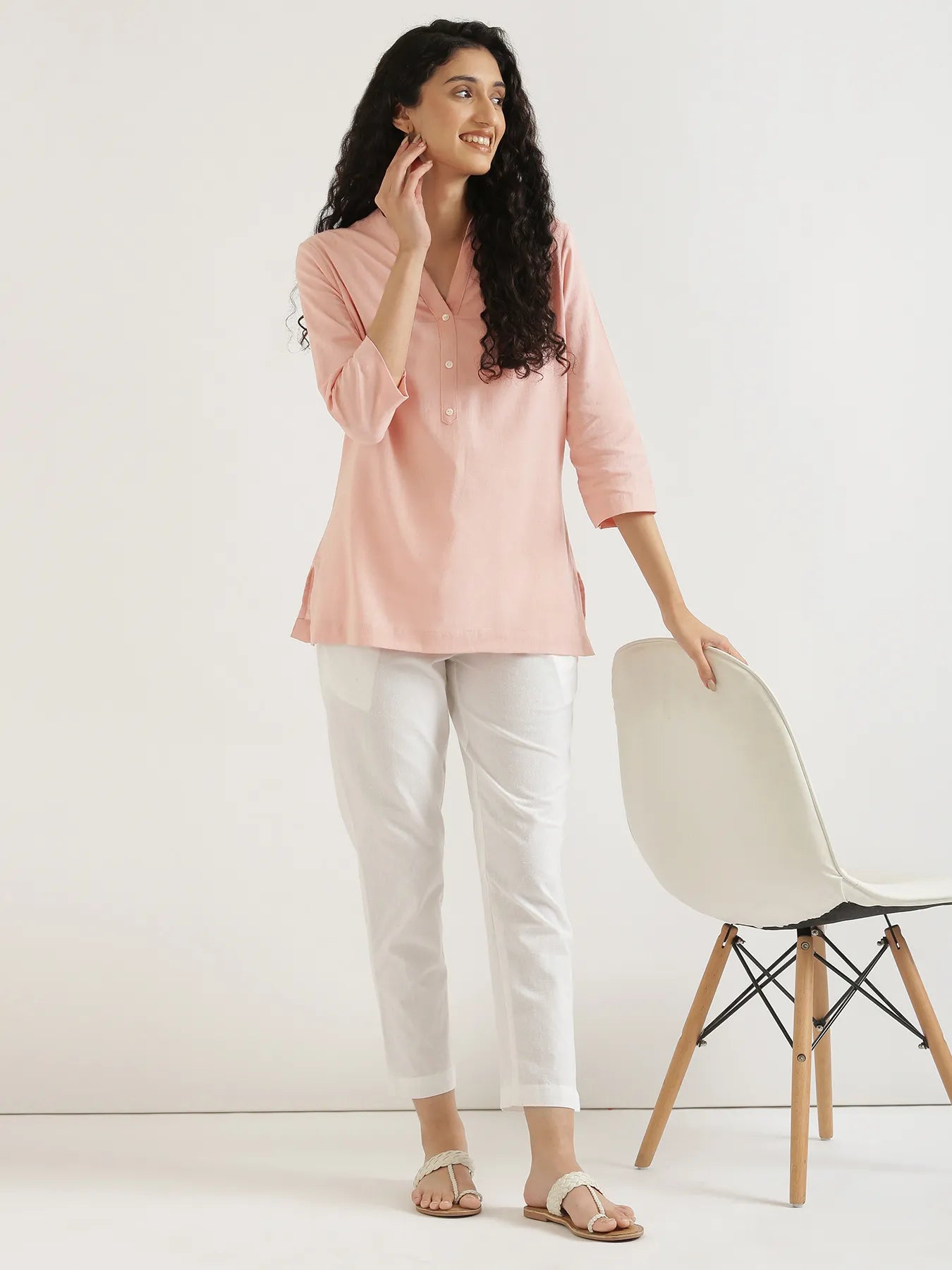 Women Salmon Pink Airy Linen Short Kurta