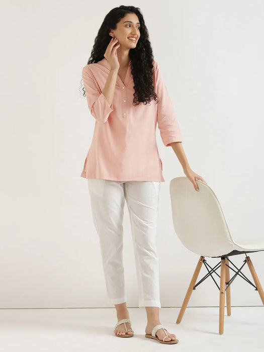 Women Salmon Pink Airy Linen Short Kurta