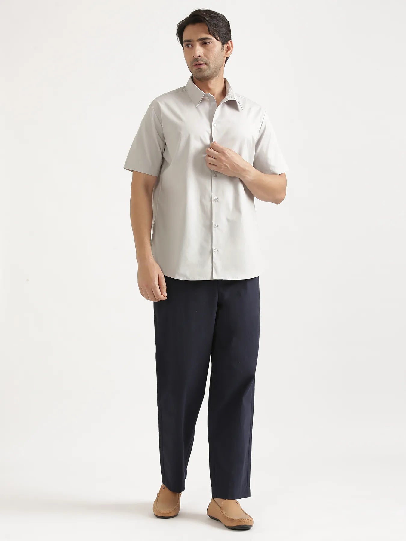 Men Light Grey Better Cotton Short Sleeve Shirt & Navy Blue Cotton Pant