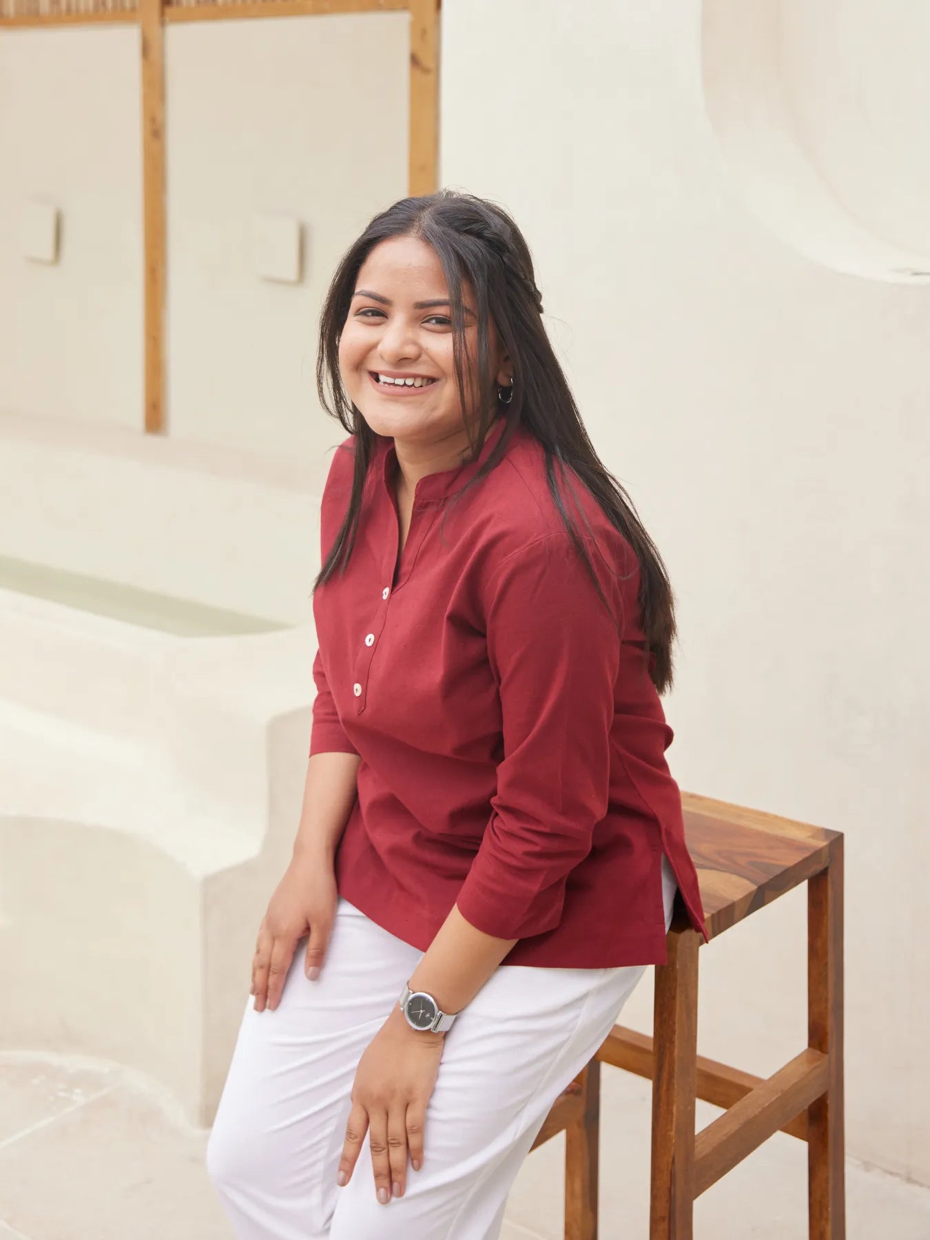 Maroon Short Kurta with White Cotton Pant