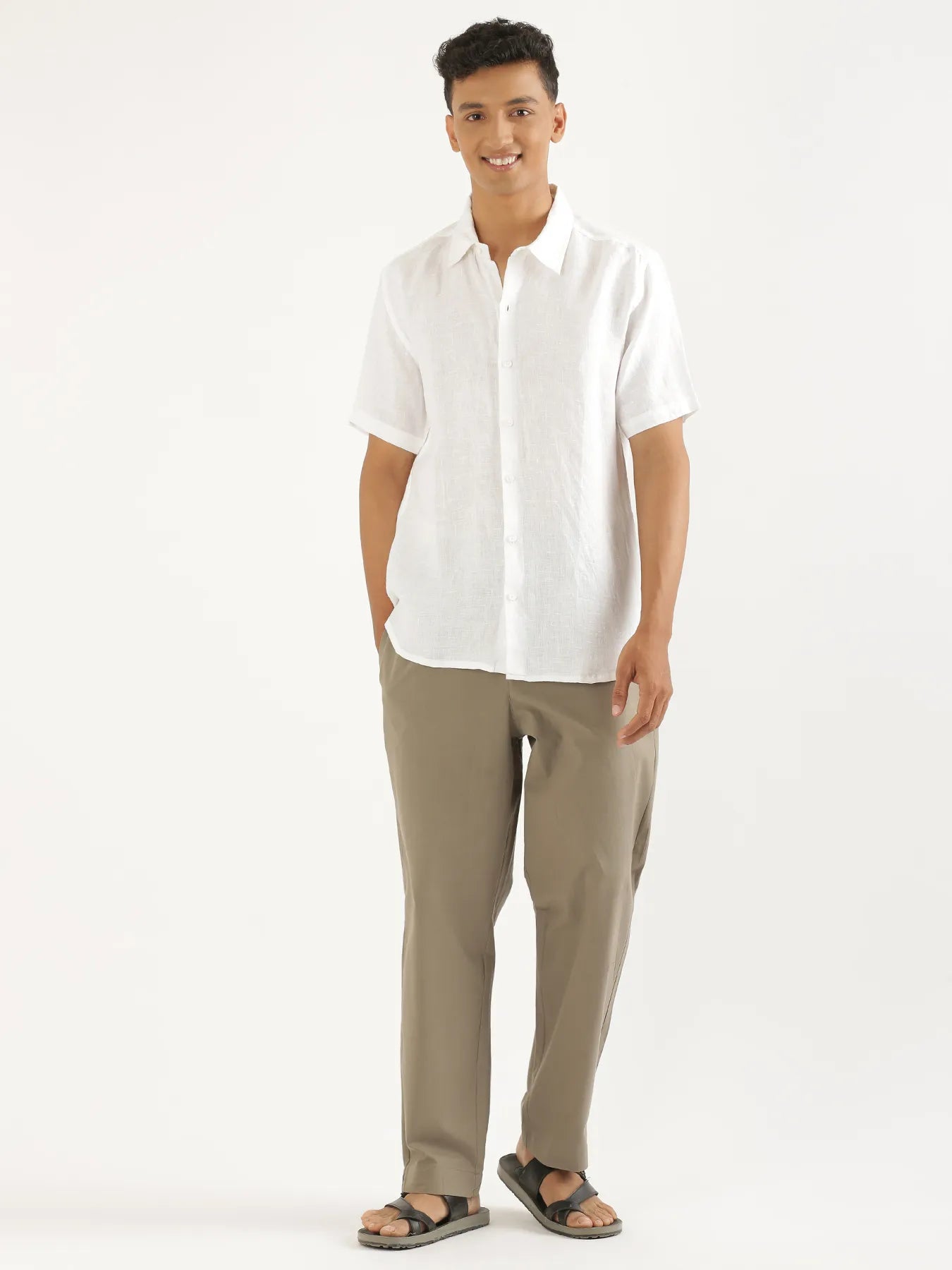 Men White Pure Linen Short Sleeve Shirt
