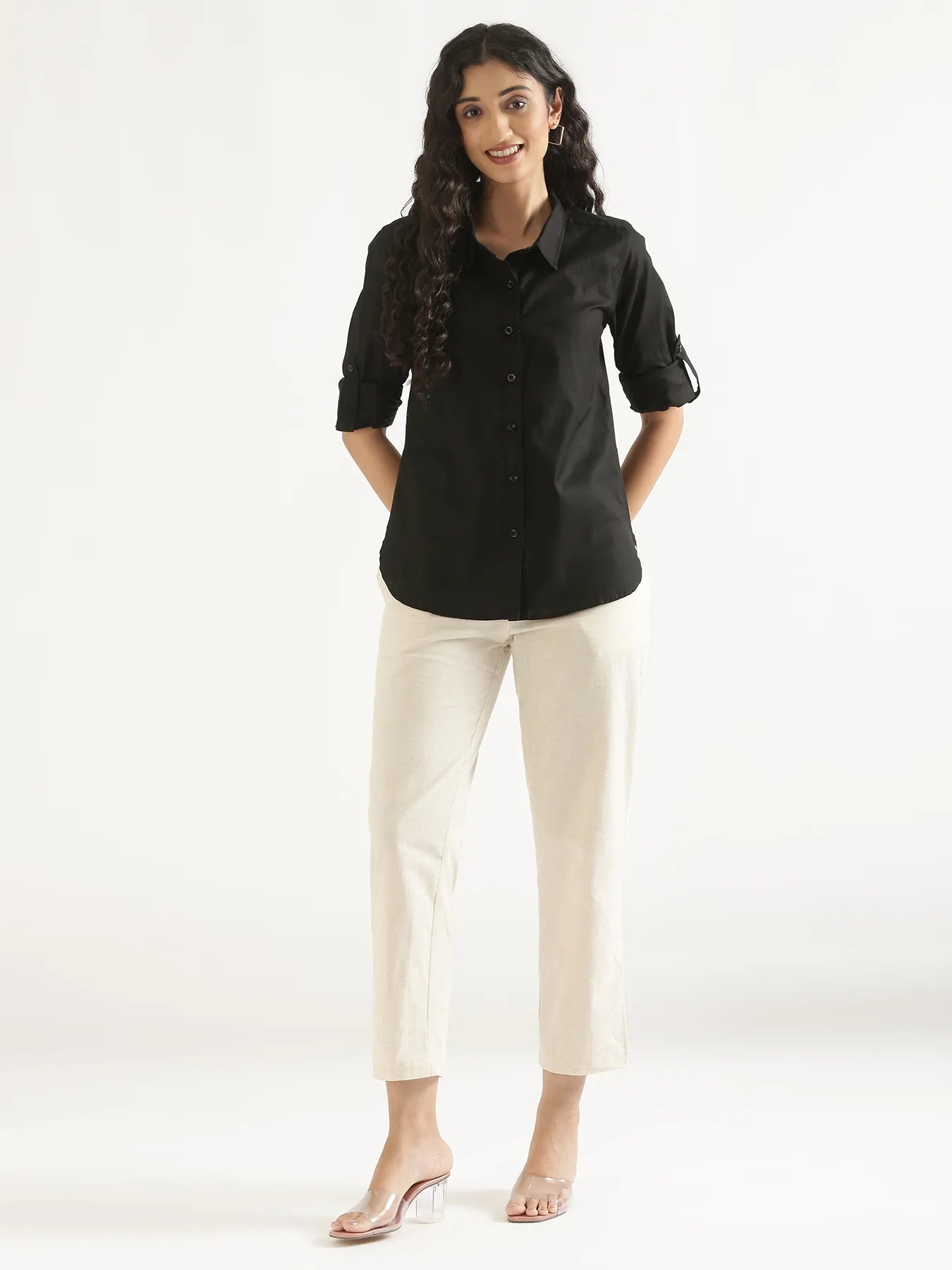 Women Black Airy-Linen Shirt