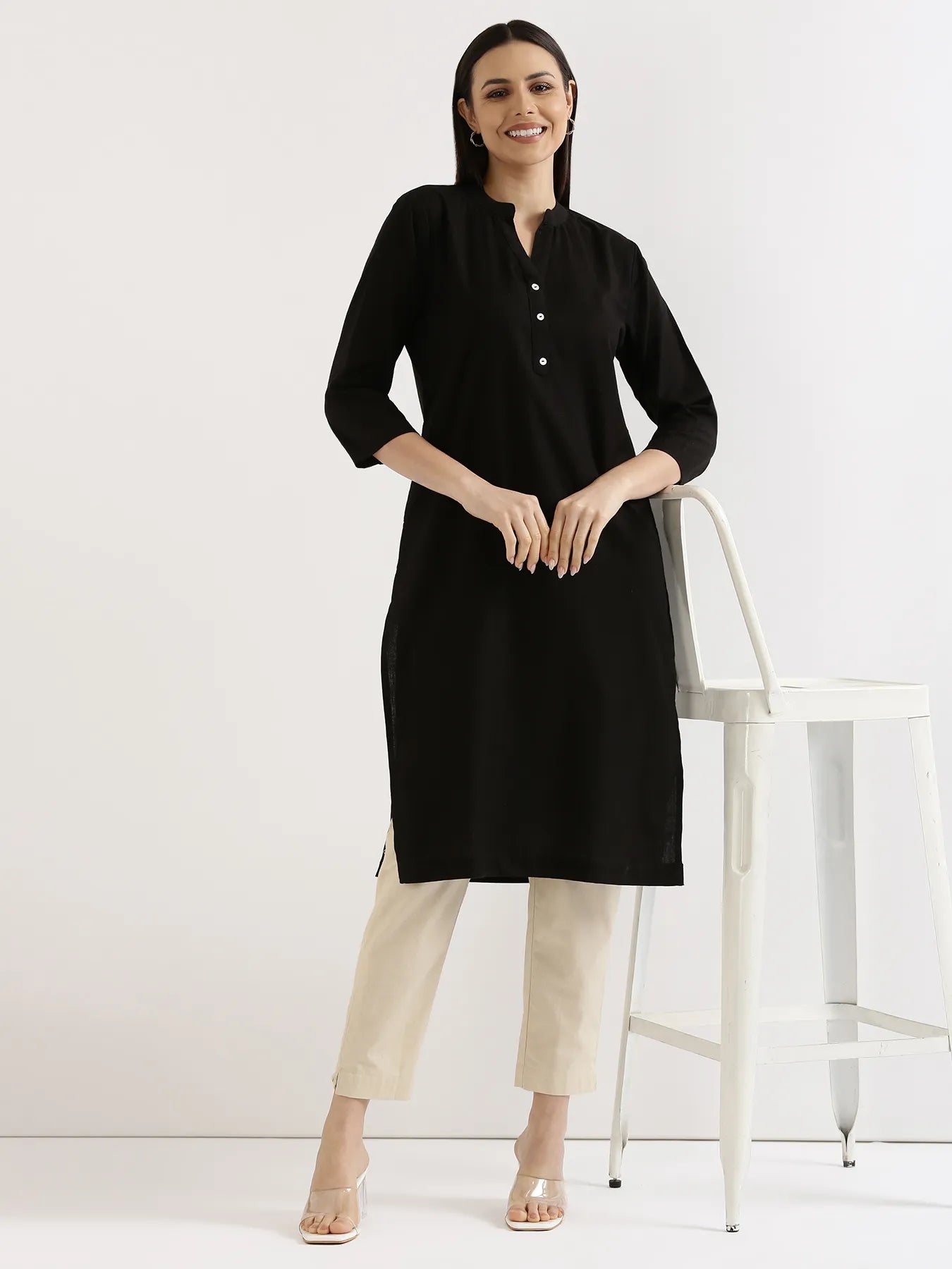 Women Black Airy Linen Long Kurta