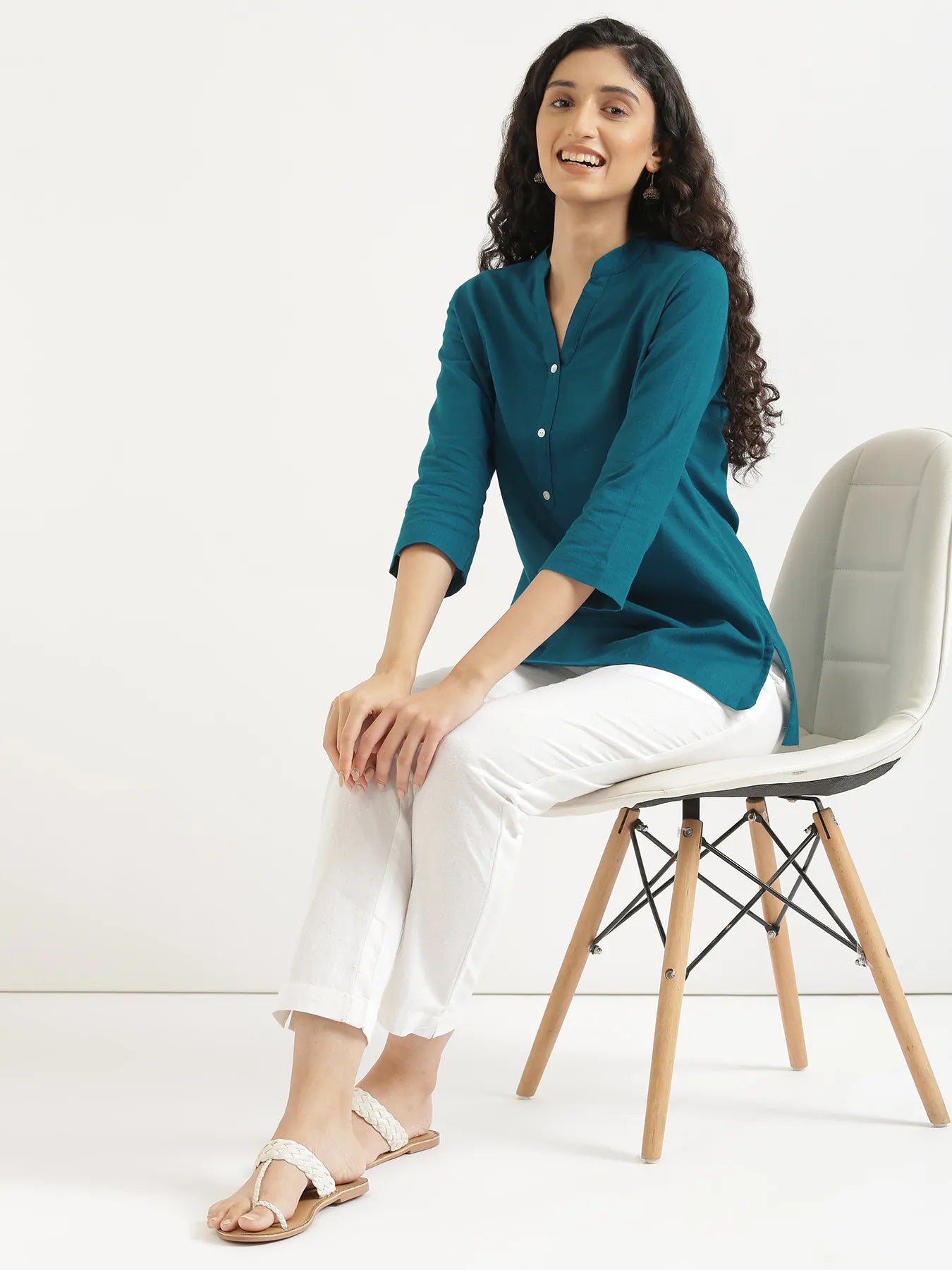 Women Turquoise Airy Linen Short Kurta