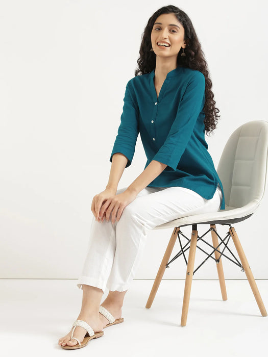 Women Turquoise Airy Linen Short Kurta