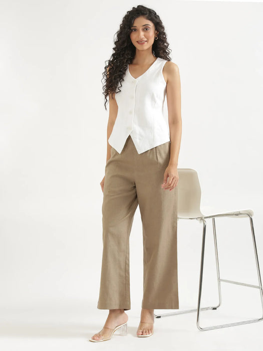 Women Khakhi Linen Blend Wide Leg Pant