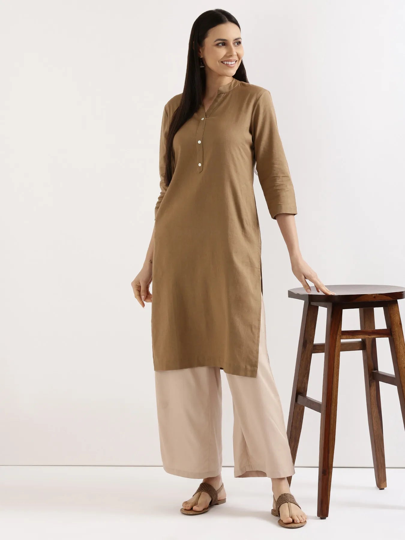 Women Coffee Brown Airy Linen Long Kurta