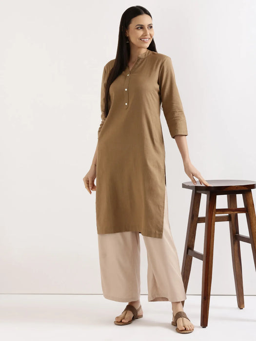 Women Coffee Brown Airy Linen Long Kurta