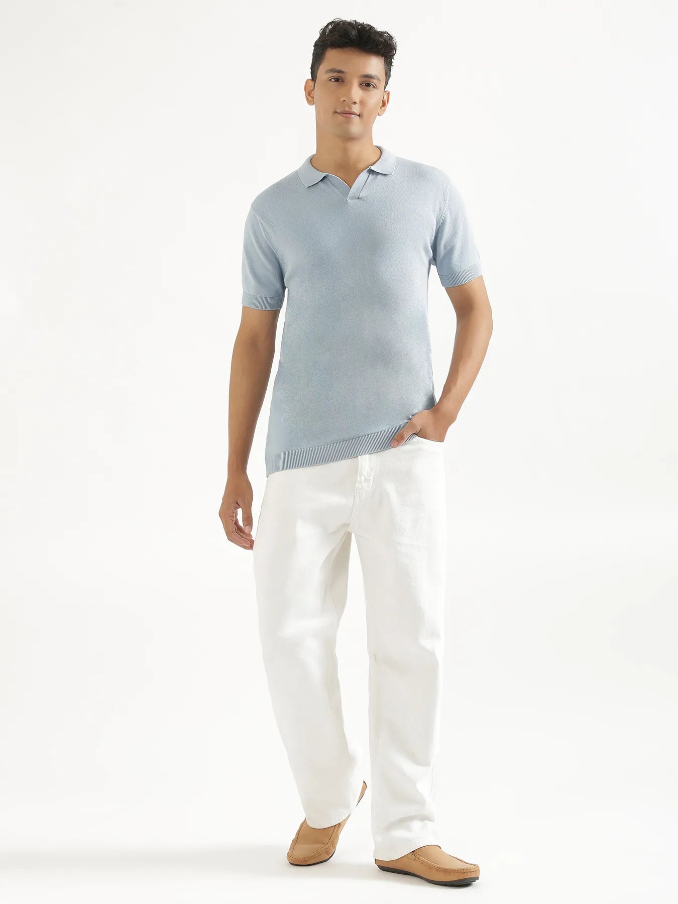 Men Light Blue Flat Knit Collared T-shirt