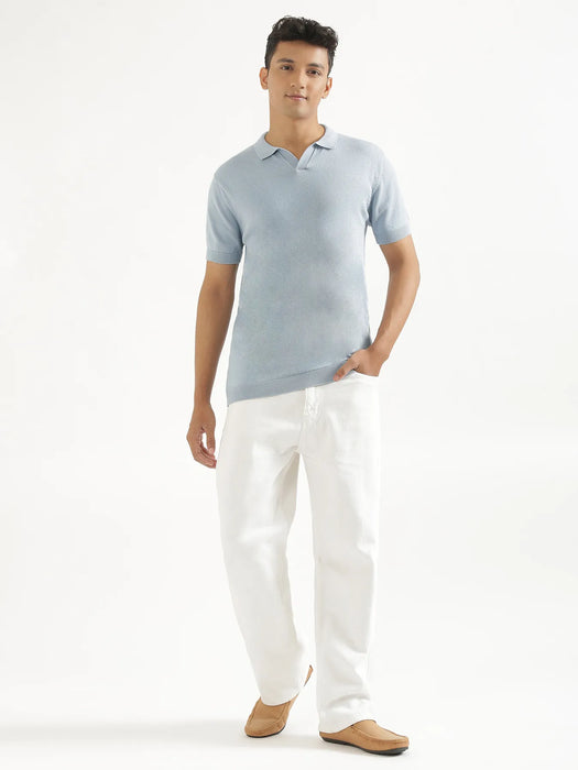 Men Light Blue Flat Knit Polo