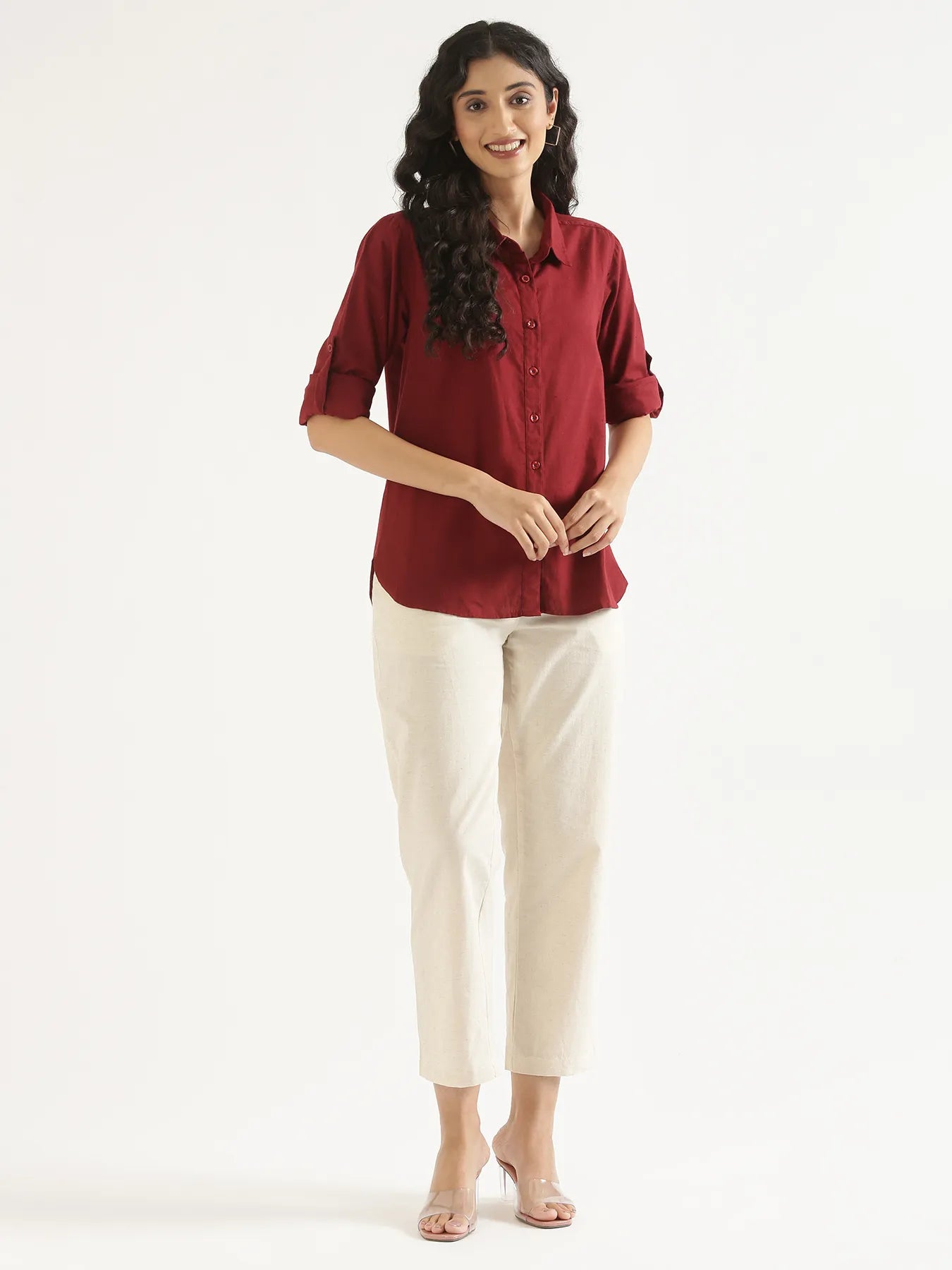Women Maroon Airy-Linen Shirt