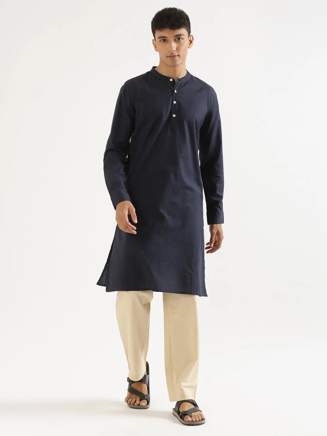 Men Navy Blue Airy Linen Long Kurta