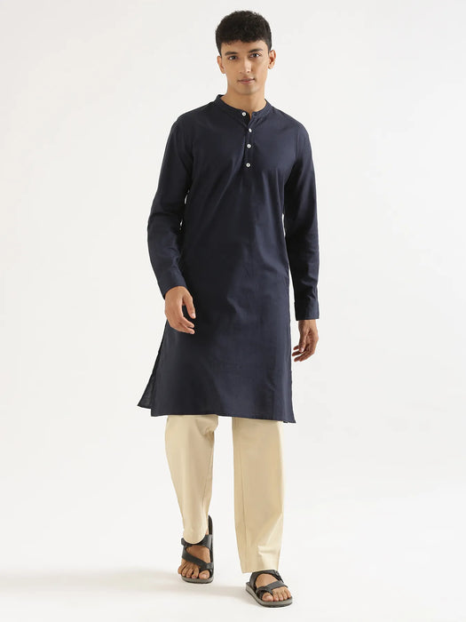 Men Navy Blue Airy Linen Long Kurta