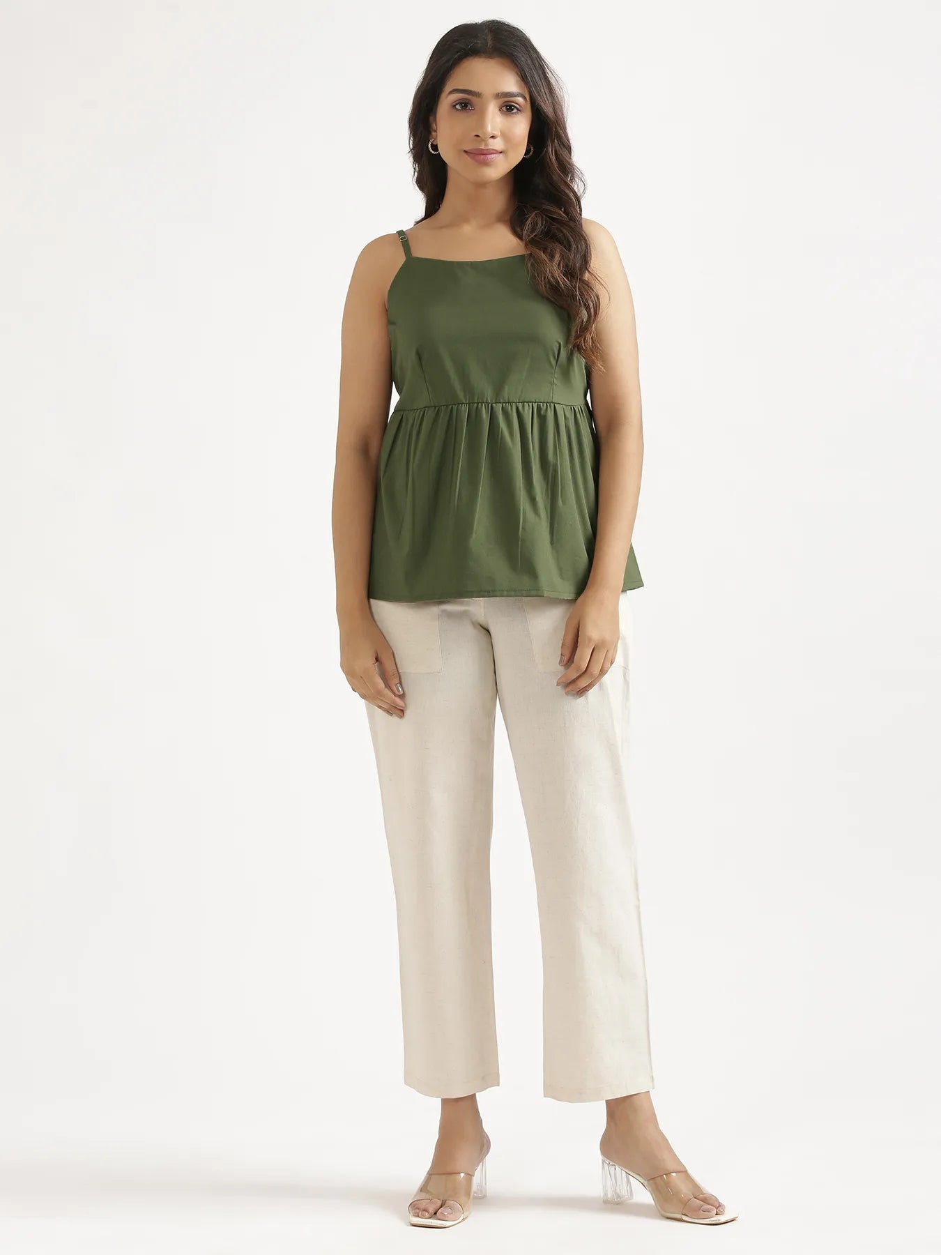 Women Forest Green Better Cotton Peplum Top & Ecru Airy Linen Straight Pant