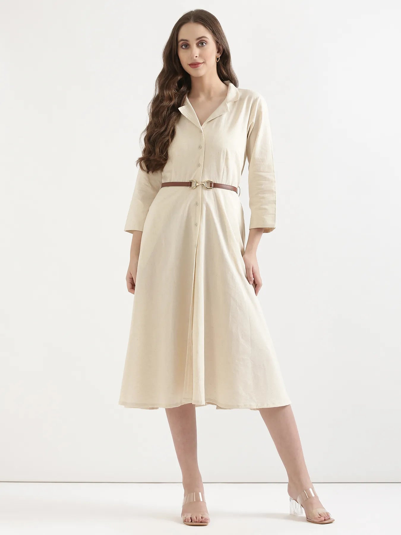 Women Ecru Airy Linen Flared Dress