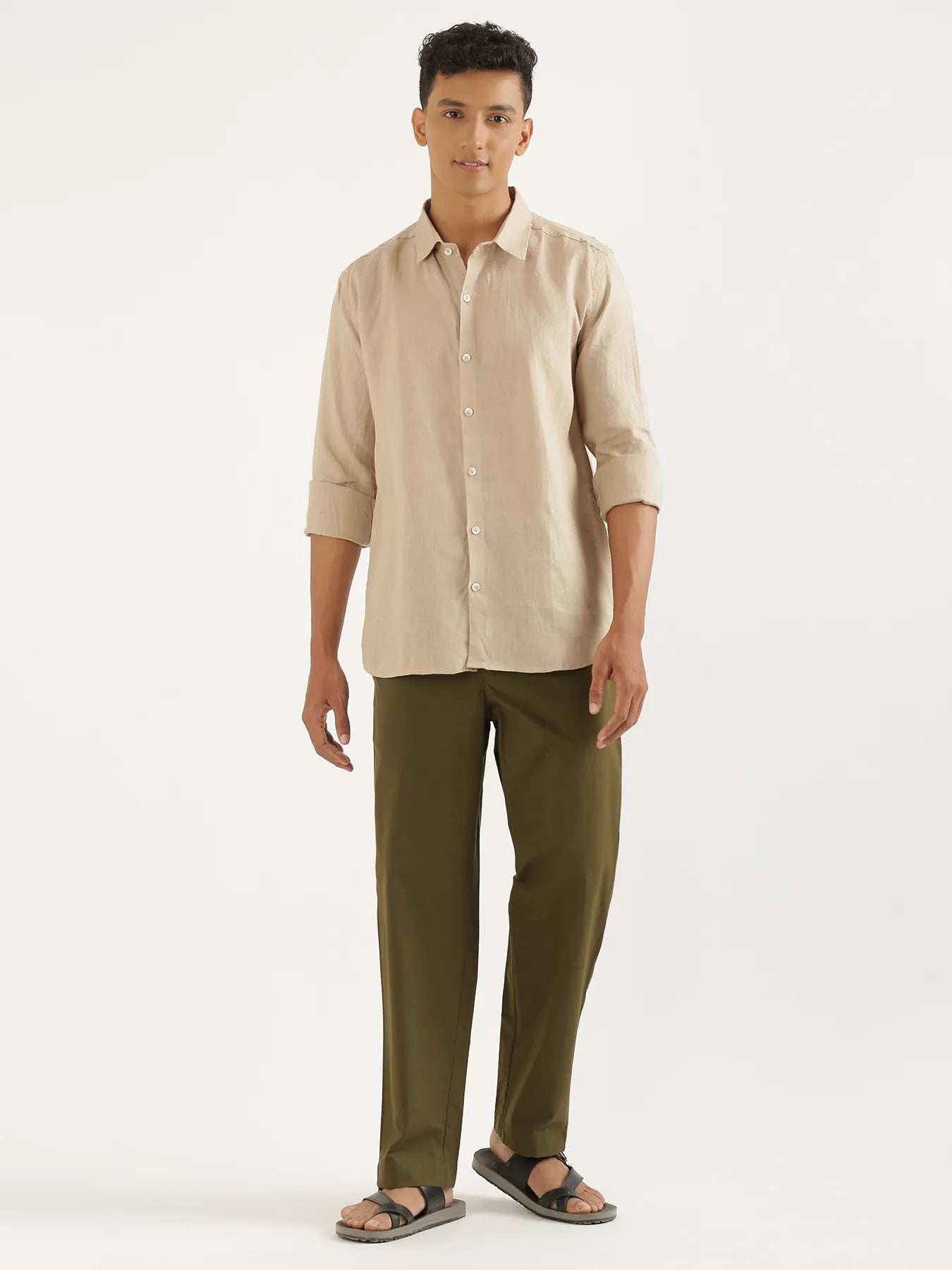 Men Taupe Pure Linen Full Sleeve Shirt
