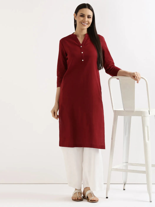 Women Maroon Airy Linen Long Kurta & White Viscose Palazzo Pant Set