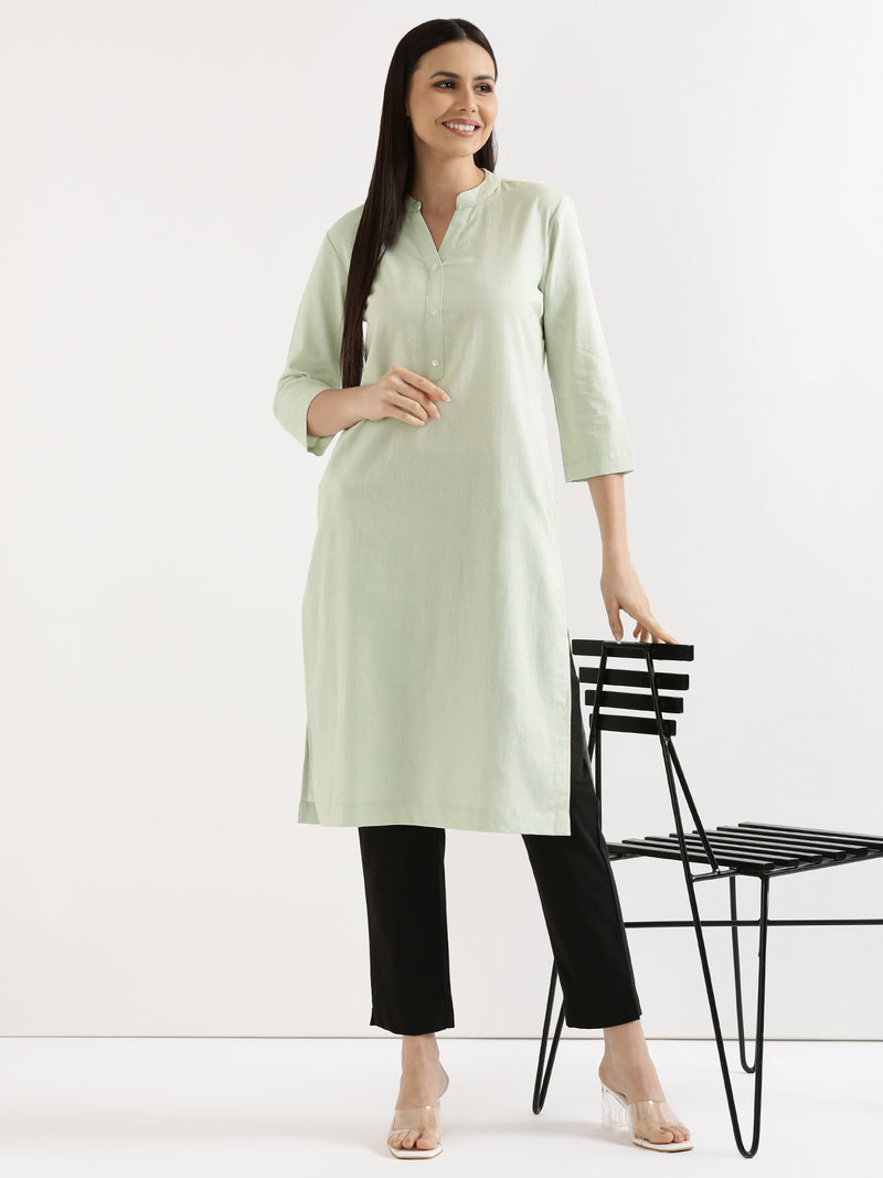 Green - Linen Viscose Plain Long Straight Kurta 47