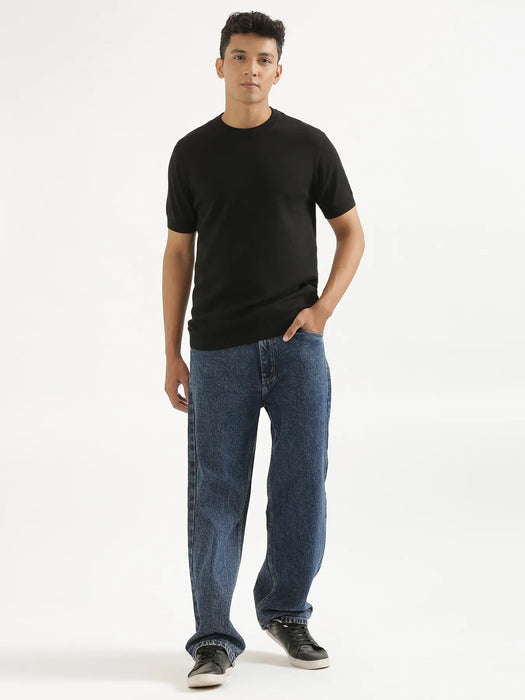 Men Black Flat Knit Round Neck T-shirt