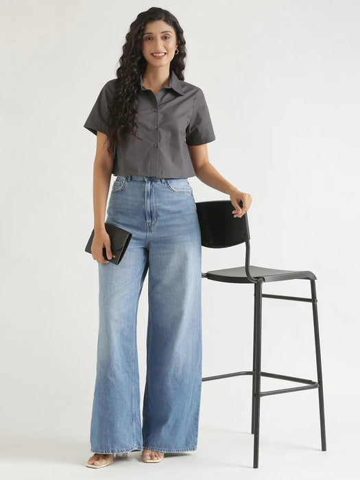 Women Dark Grey Better Cotton Crop Shirt